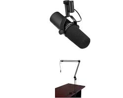 Image of Shure SM7B dynamic vocal microphone on broadcast arm