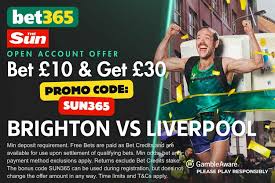 bet365 bonus code SUN365: Get £30 bonus for Brighton vs Liverpool