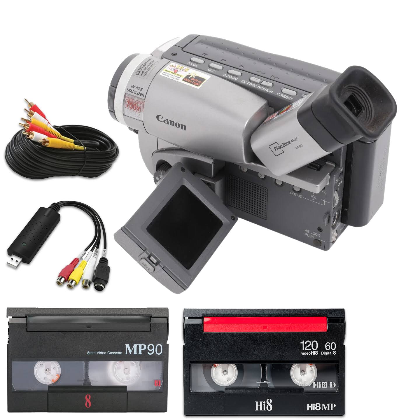 Canon Hi8 Camcorder 8mm Tape Player w/ new battery, USB, digitizing software Foldout Screen