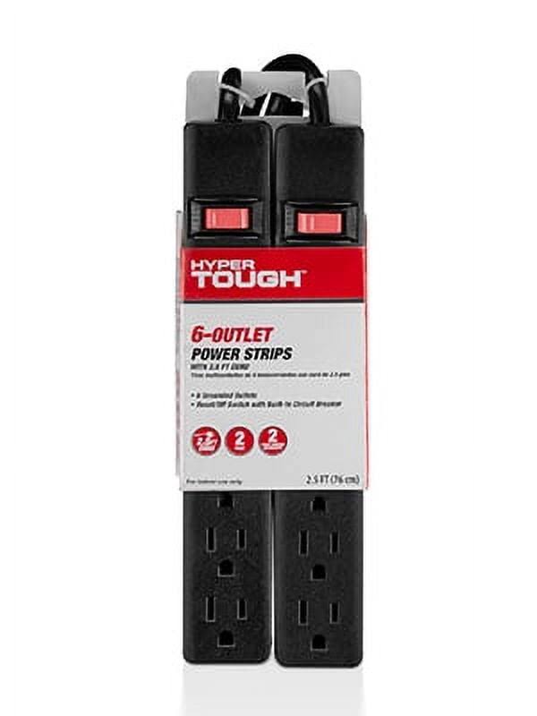 Hyper Tough 6 Outlets Power Strip with 2.5 ft Cord, 2 Pack, Black