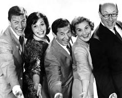 Dick Van Dyke Show 1961 TV series Dick Van Dyke as Rob Petrie Mary Tyler Moore as Laura Petrie Morey Amsterdam Rose Marie black and white television stills CBS show office and home sets, AI generated