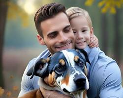 father holding his dog and smilingの画像