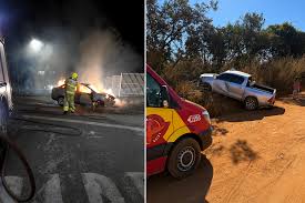 Bombeiros combatem incêndio em carro e socorrem vítima após capotamento em Ouvidor
