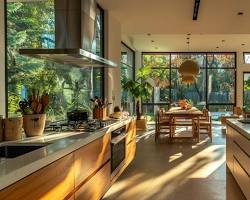 Image of kitchen with a wooden countertop, a vertical garden, and a large window overlooking a garden