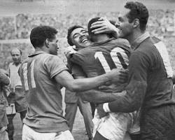 Image of Pele five incredible career moments football highlights 1958 World Series goal vs Wales 1970 World Cup header final 1000th goal Santos 1969 NY Cosmos debut 1975 1958 World Cup victory crying on shoulder