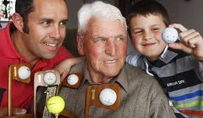 KATE GUDSELL. Last updated 05:00 07/10/2009. EXCLUSIVE CLUB: Golf ace Andy McGovern, centre, with grandson Brent and great-. JOHN BISSET/Timaru Herald - 2938484