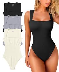 Conjunto de body feminino OQQ de 3 peças, sexy, canelado, com alças finas, decote quadrado, sem mangas e com controle de barriga, nas cores preto, cinza e bege, disponível em Dubai - Emirados Árabes Unidos | Whizz Bodysuits