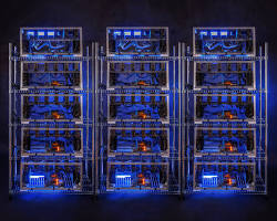 Image of Bitcoin mining farm with rows of powerful computers consuming energy