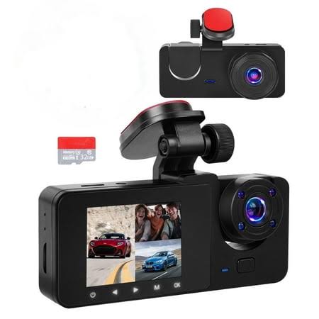 3 Channel Dash Cam, 4k+1080p Front/Rear/Inside Triple Car Camera with 32gb Card, Built-in G-Sensor & 2 IPS Display for Vehicles, Size: 0.7 lbs, Black
