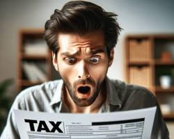 Image of person looking at a property tax bill with a shocked expression