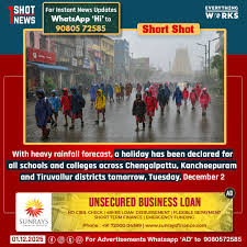 #RainHoliday With heavy rainfall forecast, a holiday has been declared for all schools and colleges across Chengalpattu, Kancheepuram and Tiruvallur districts tomorrow, Tuesday, December 2 morning. #1ShotNews | #Chengalpattu | #Kancheepuram | #Tiru