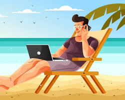Image of person relaxing on a beach with a laptop in their lap