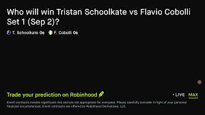 September 3, 2026: Tristan Schoolkate vs Flavio Cobolli: Set 1 Winner Tennis Prediction Market