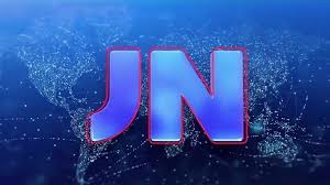 Logo do Jornal Nacional (JN) em 3D sobre um mapa mundial digitalizado com pontos de luz, representando a globo.