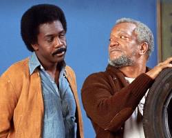 Sanford and Son 1972 TV series Redd Foxx as Fred Sanford Demond Wilson as Lamont Sanford junk yard 1970s NBC television stills, AI generated