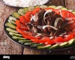 Image of Beef Lok Lak with fresh vegetables on a plate