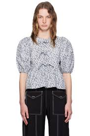 Blue Floral Printed Peplum Blouse by GANNI on Sale