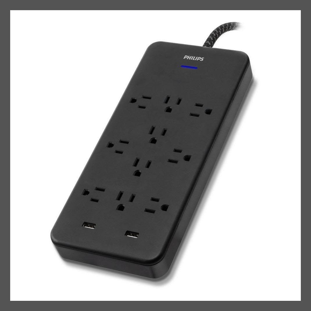 Philips 10-Outlet Surge 6' Braided cord 2880J 2 USB-A