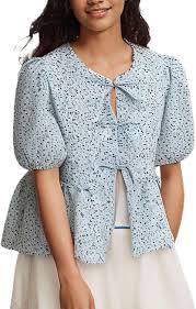 Generic Going Out Tops for Women Y2k Shirt Bow Tie Front Blouse Puff Short Sleeve Peplum Ruffle Summer Fall Fashion T Shirts, Small, _A02blue at Amazon Women's Clothing store