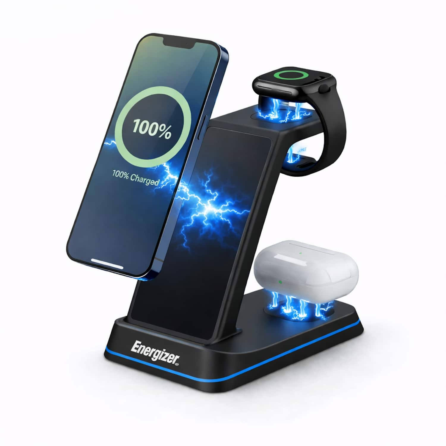 Energizer 3-in-1 15W Qi Certified Wireless Fast 15W Charger Charging Station/Stand w/ RGB Light for iPhone + AirPods + Apple Watch