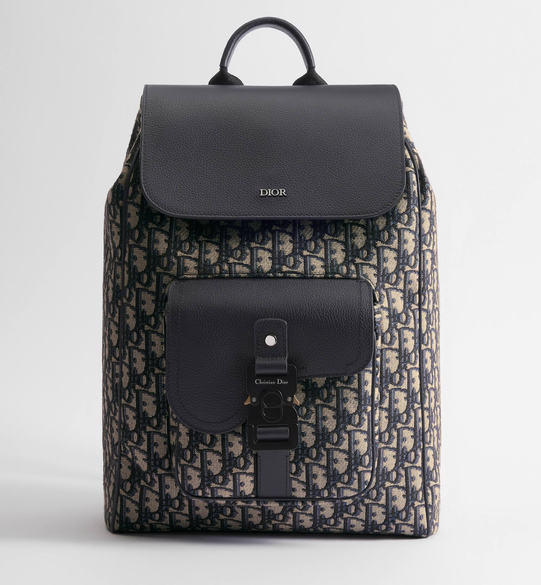 Dior Saddle Backpack With Flap Beige And Black Dior Oblique Jacquard With Black Grained Calfskin