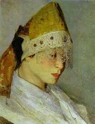 A Girl with Kokoshnik (Woman&#39;s Headdress in Old Russia) - Mikhail Nesterov. Artist: Mikhail Nesterov. Completion Date: 1885. Style: Realism. Genre: portrait - a-girl-with-kokoshnik-woman-s-headdress-in-old-russia-1885