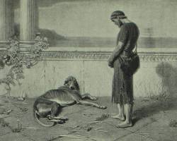 Image of Odyssey Book 17 classical art Odysseus returns to palace Argo dog death Eumaeus