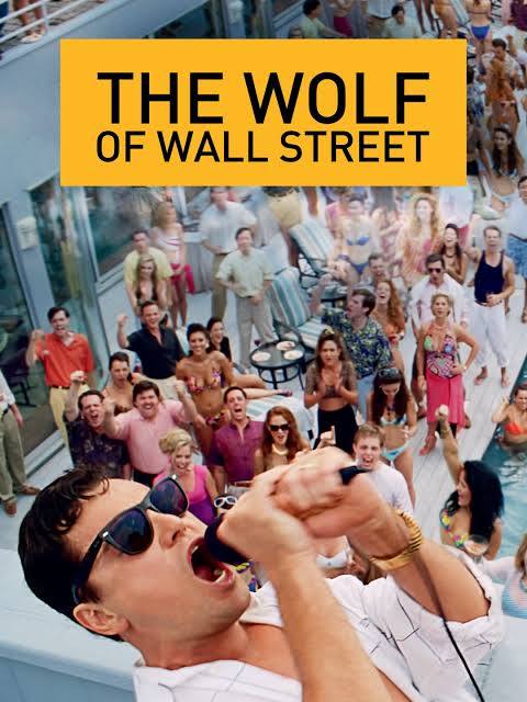 Poster for "The Wolf of Wall Street" (2013). A man in sunglasses and an unbuttoned shirt vocalizes, head back, into a microphone before a part-dressed crowd gathered beside a pool.