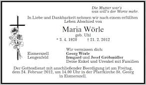 Kondolenzen - Frau Maria Wörle