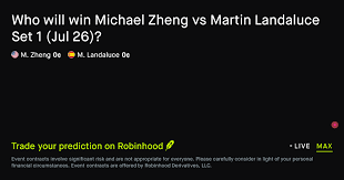 July 29, 2026: Michael Zheng vs Martin Landaluce: Set 1 Winner Tennis Prediction Market