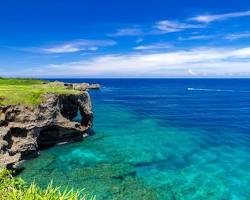 沖縄の美しい海を背景にバスが走る風景の画像