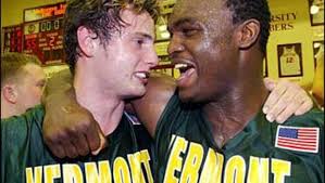 Vermont&#39;s David Hehn, left, and Germain Nijilia celebrate their win over Boston in the America East Championship final Saturday, March 15, 2003, in Boston. - image544165x