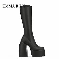 2021 New Black Stretch Leather Mid Calf Boots Woman Chunky High Heels Platform Long Boots Side Zipper Botas Winter Autumn Shoes - Women's Boots - AliExpress