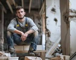 Image of building undergoing renovation, with workers and construction materials