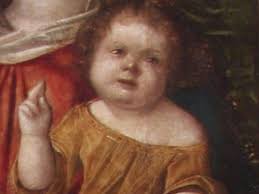 Madonna con il Bambino in trono fra una Santa martire e San Sebastiano (Pala di Cervia) - Rondinelli_2_particolare_ultravioletto_confronto_1