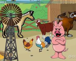 Animal Farm Napoleon and Squealer Seven Commandments on barn wall illustration, Squealer the pig talking to other animals George Orwell illustration, Animal Farm closing scene pigs and humans at the table illustration, AI generated