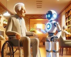 Изображение: elderly person interacting with a friendly AI companion robot that provides companionship, reminders, and assistance with daily tasks