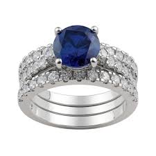 Sterling Silver 3-Piece Blue CZ 8mm Round Wedding Ring Set