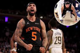 Jose Alvarado celebrates during Knicks debut