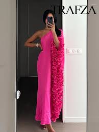 Casual Dresses TRAFZA Summer Women's Solid 3D Asymmetrical Fashion Elegant Woman Oversize One Shoulder Long Sleeve Loose Party - Product from DHgate