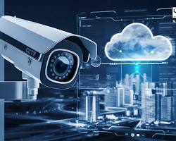 Изображение: modern home with security cameras discreetly placed around the property, connected to an AIpowered security system that monitors for potential threats