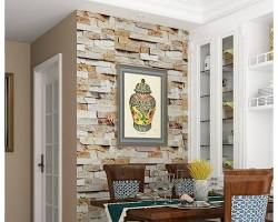 Image of Living room with 3D brick wallpaper and wood accents
