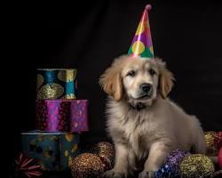 dog wearing a birthday hat and surrounded by presentsの画像