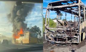 Ônibus pega fogo após passageiros escutarem estouro na BR-277; vídeo mostra veículo em chamas