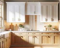 Image of kitchen with natural wood upper cabinets and white lower cabinets
