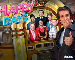 Happy Days 1974 TV series cast Henry Winkler as The Fonz Ron Howard as Richie Cunningham Anson Williams Donny Most Tom Bosley Marion Ross 1950s nostalgia ABC television stills Arnold's DriveIn leather jacket, AI generated