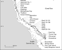 map of the Great Barrier Reef, highlighting its location and extent along the Australian coast