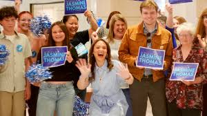 N’Kiyla Jasmine Thomas celebrates after winning the Oklahoma Democratic Senate runoff