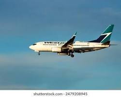 Image of WestJet plane flying over Austin skyline