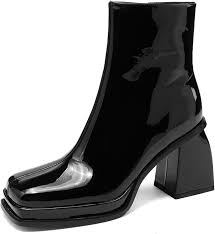 Amazon.com | TinaCus Handmade Patent Leather Ankle High Boots Side Zip Square Toe Platform Block Heel Booties for Women(Beige, US4.5) | Ankle & Bootie
